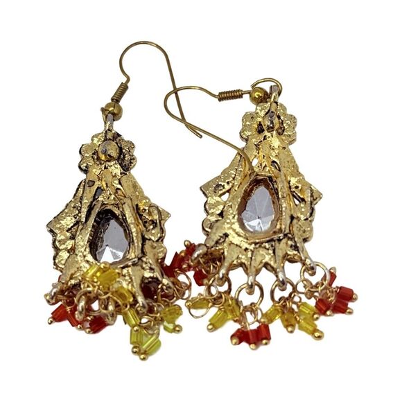 Indian Statement Crystal Necklace & Earrings Set Red Green Gold-Tone Bridal - Picture 16 of 16